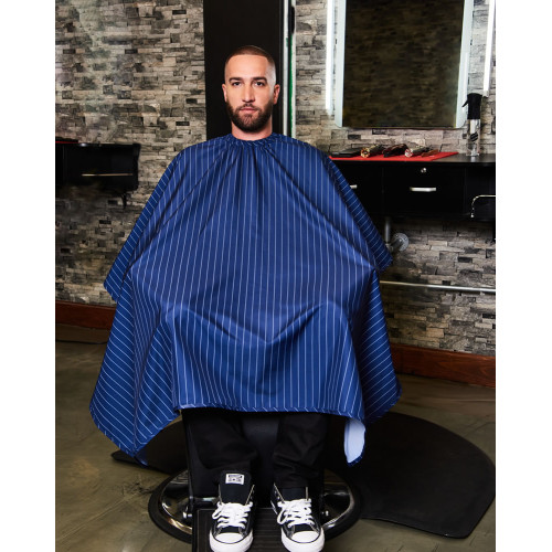 BARBER STRONG THE BARBER CAPE - BLUE w/ WHITE PINSTRIPES